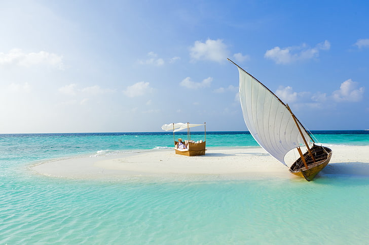 brown and white sailboat, maldives, beach, tropical, sea, sand