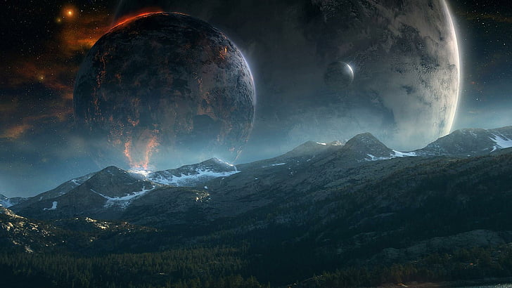 fantasy art, planet, space, mountains, surface, stars