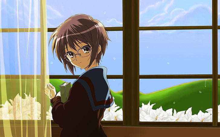 brown-haired female anime character, girl, pin-up, window, book, HD wallpaper