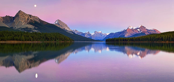 Moon, lake, lake Maligne, Canada, mountains, forest, snowy peak, HD wallpaper