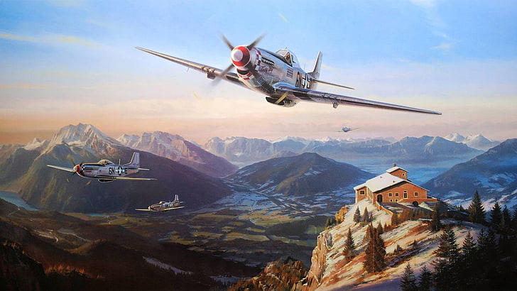 gray warplane over cabin digital wallpaper, digital art, North American P-51 Mustang