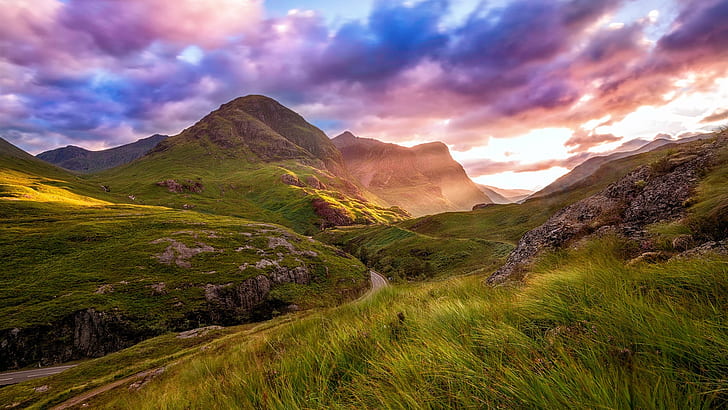 Scotland, Highland Valley, mountain, road, clouds, sky, sunset, HD wallpaper