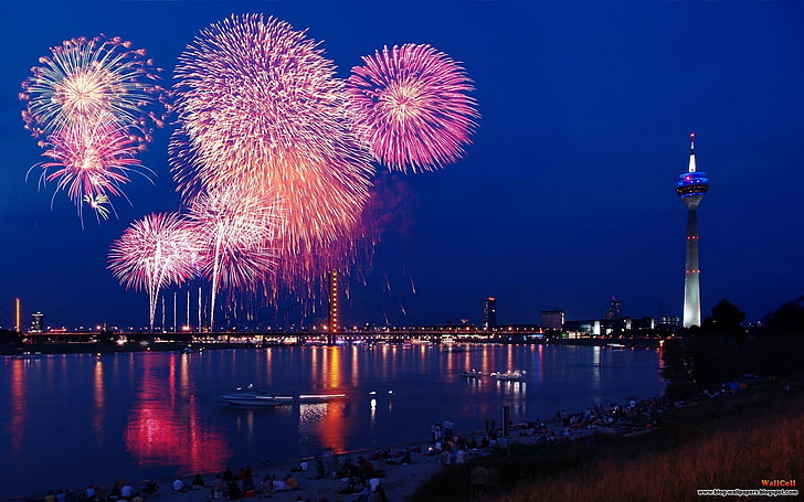 fireworks, lake, Düsseldorf, Germany, tower, night, illuminated