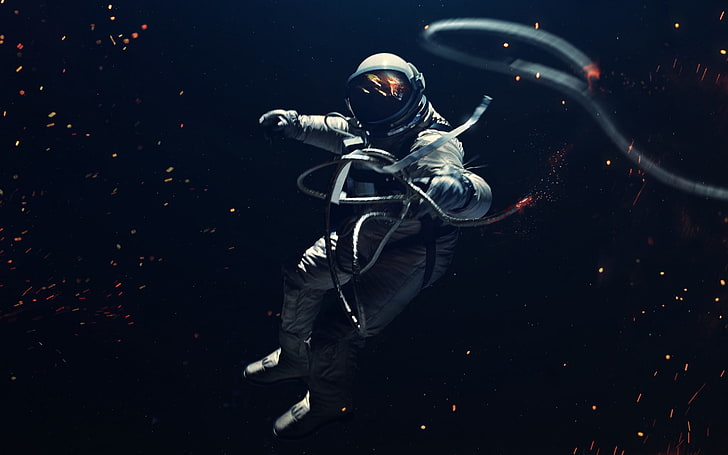 astronaut holding cable digital wallpaper, spacesuit, digital art