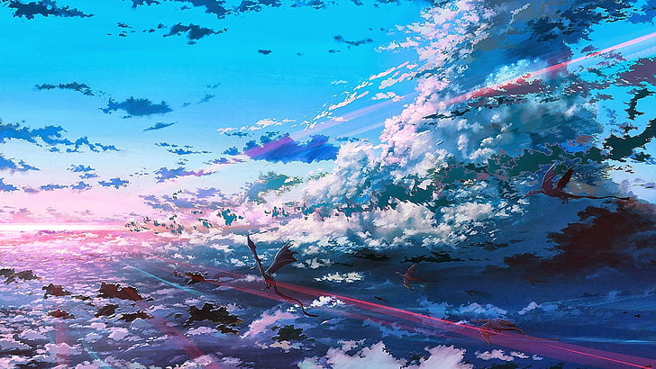 blue sky photo, fantasy art, clouds, dragon, beauty in nature, HD wallpaper