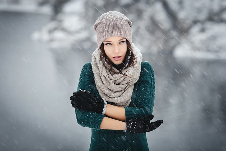 brunette, knit hat, winter, scarf, model, beanie, Angelina Petrova, HD wallpaper