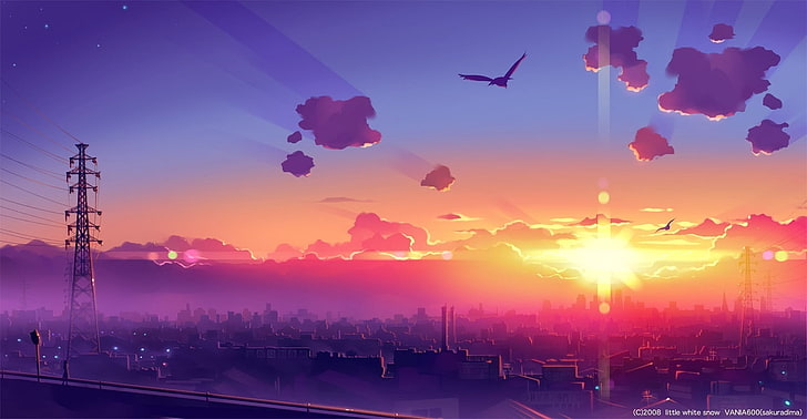 top view of city, anime, sky, skyline, power lines, sunlight