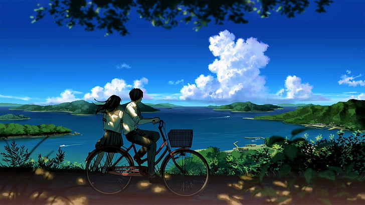 Anime, Original, Bicycle, Bike, Boy, Cloud, Couple, Girl, Lake, HD wallpaper