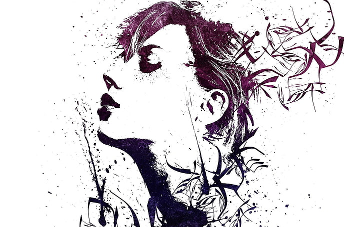 portrait of woman sketch, artwork, Scarlett Johansson, paint splatter, HD wallpaper