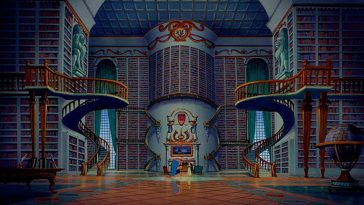 HD wallpaper: Beauty and the Beast library illustration, cartoon, stairs,  globe | Wallpaper Flare