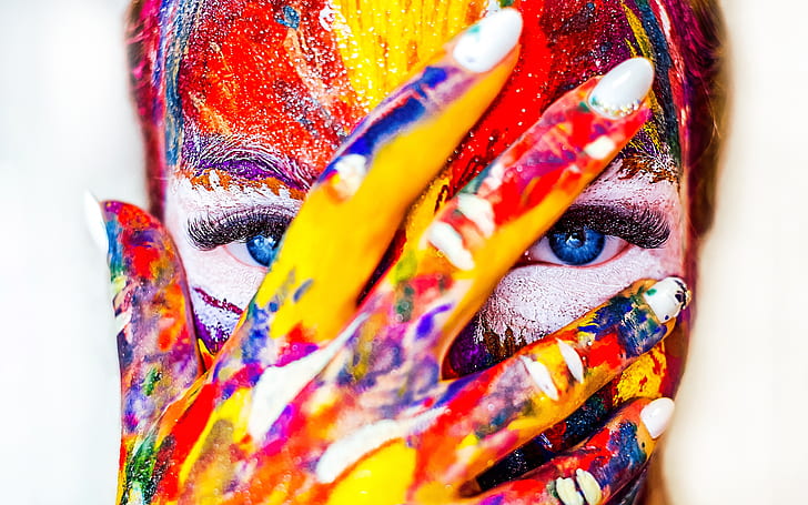colorful, women, face paint, fingers
