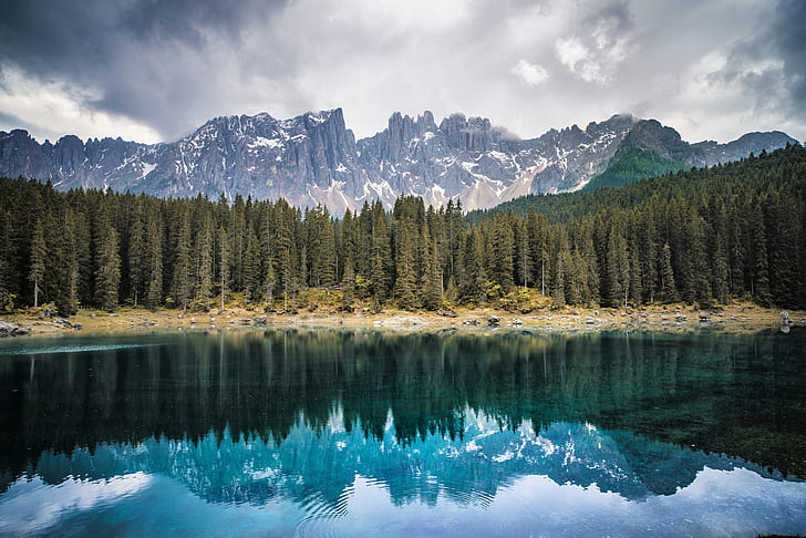 forest, mountains, lake, Italy, Bolzano, Lake Carezza, HD wallpaper