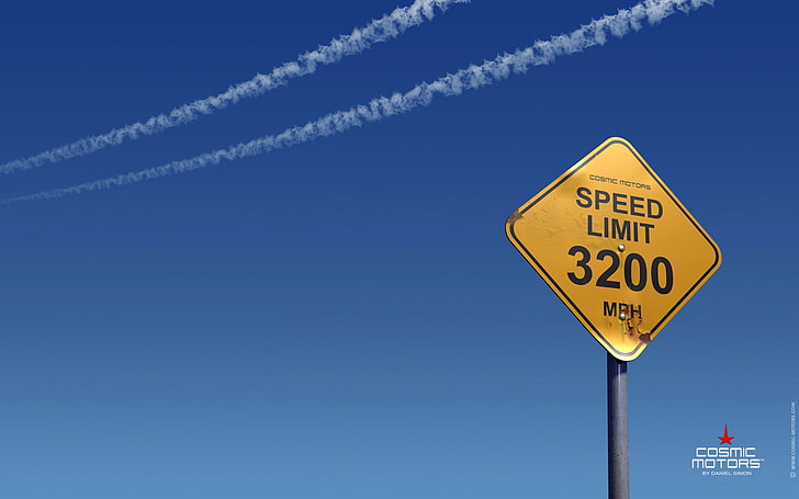 warning signs, road sign, Cosmic Motors, contrails, clear sky
