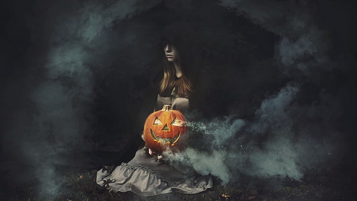 artwork, fantasy art, Halloween, pumpkin, women, Jack O' Lantern
