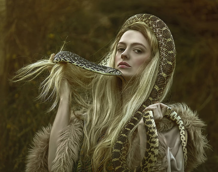 fantasy art, women, snake, A. M. Lorek, fantasy girl, one person