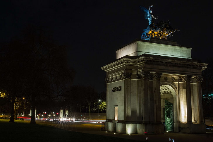 hyde park, london, night, wellington arch, illuminated, architecture, HD wallpaper