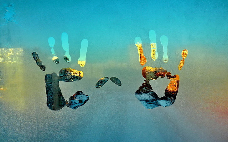 two hand wallpaper, photography, window, frost, glass, hands, HD wallpaper