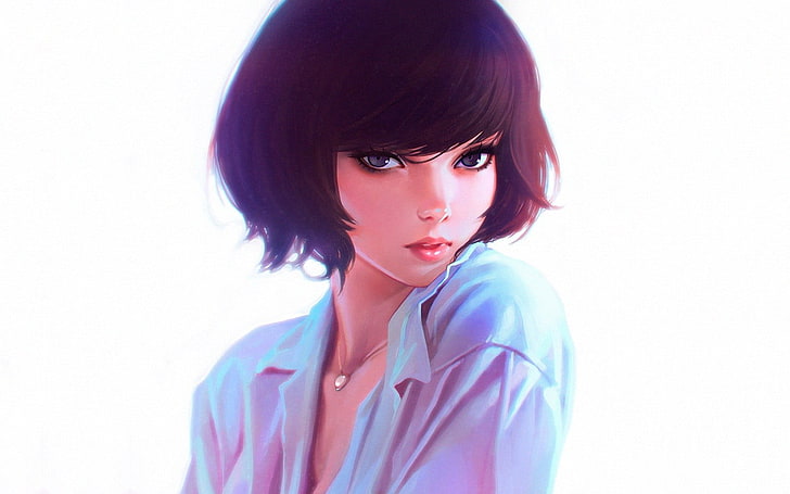illustration of black haired woman, original characters, short hair