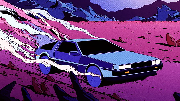 retrowave, car, pink, DeLorean, mountains, blue, desert, Retro style