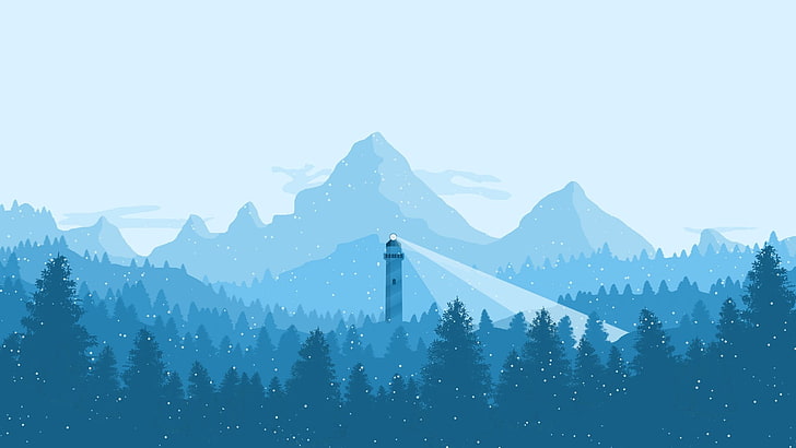 gray lighthouse illustration, winter, blue, mountains, cyan, digital art
