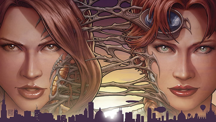 two woman faces videogame screenshot, fantasy art, fantasy girl
