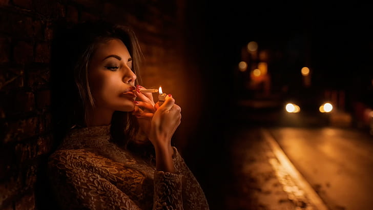 Cigarette, girl, night, woman wearing brown coat using cigarette leaning on wall, HD wallpaper