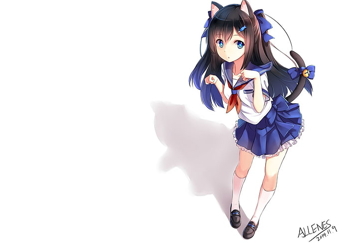 tail, nekomimi, black hair, blue eyes, school uniform, cat girl