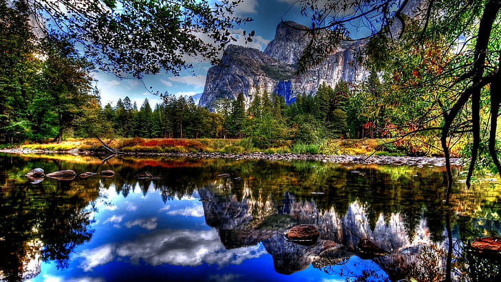 Blissful Beauty, landscape, lake, colorful, reflections, mountains, HD wallpaper