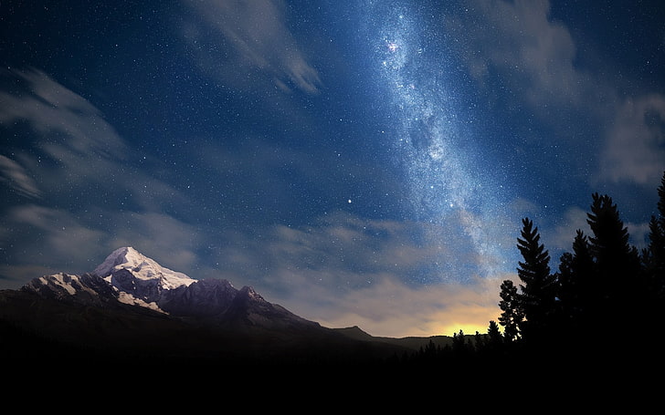 starry sky, nature, mountains, trees, stars, space, Milky Way