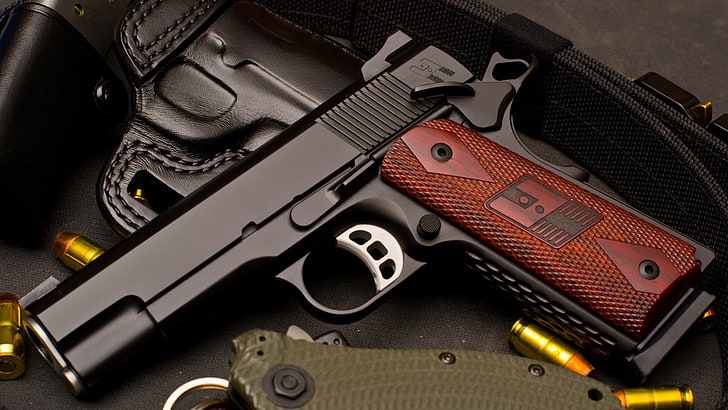 brown and black semi-automatic pistol, gun, weapons, cartridges