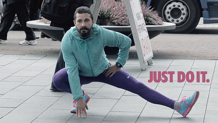 men's teal zip-up hoodie, Shia LaBeouf, Nike, running, full length