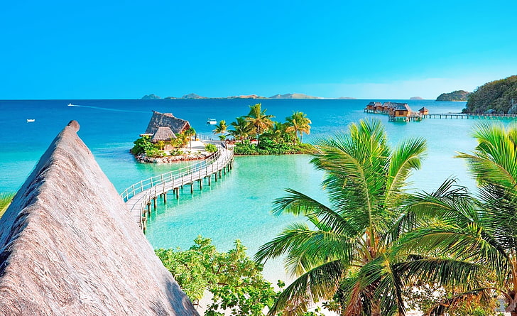 Tropical Resort Panorama, green leafed tree, Travel, Islands, HD wallpaper