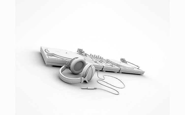two white DJ boards and headphones, white background, technology, HD wallpaper