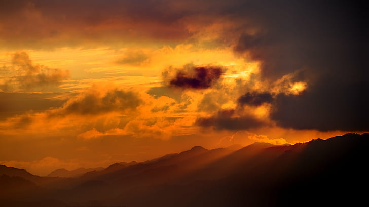black and white clouds during sunset, orange  mountains, dark, HD wallpaper