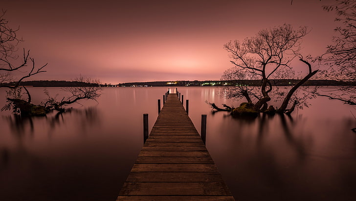 pier, silent, calm, lake, reflection, water, pink sky, sunset, HD wallpaper