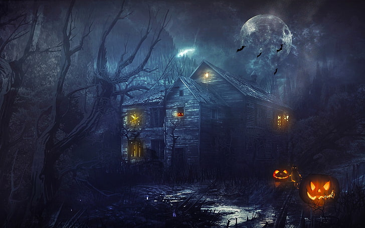 gray wooden house illustration, Halloween, illuminated, architecture