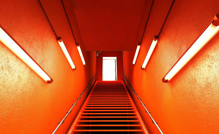 photography, orange, stairs, neon, lights, Mirror's Edge, HD wallpaper