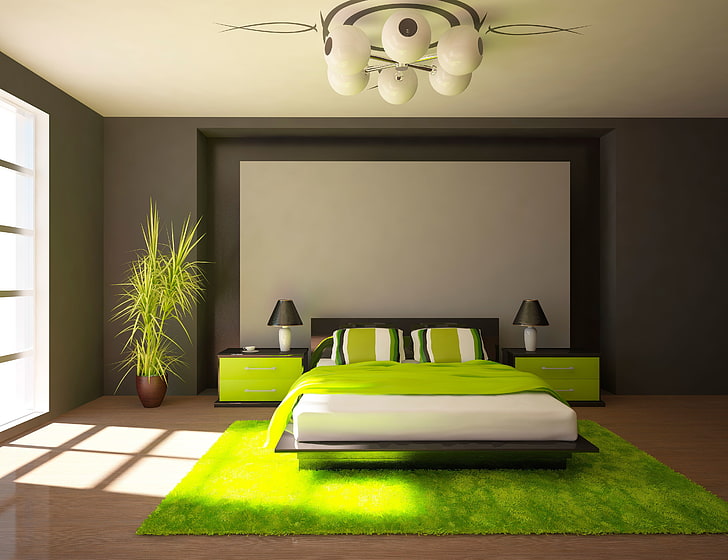 green bed cover and gray wooden bed frame, design, style, room
