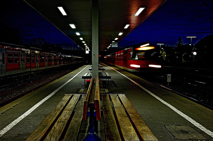 photography, train, railway, night, rail transportation, track, HD wallpaper