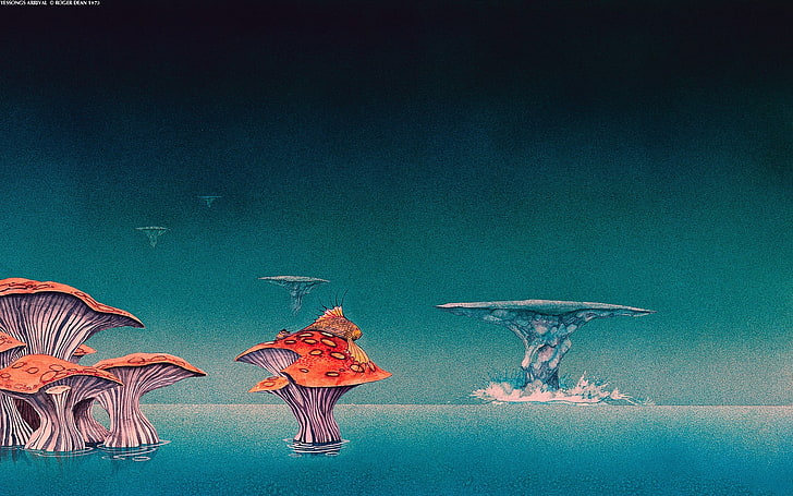 orange and blue mushroom islands digital wallpaper, landscape