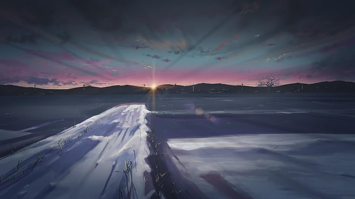 body of water, anime, winter, 5 Centimeters Per Second, sky, beauty in nature, HD wallpaper