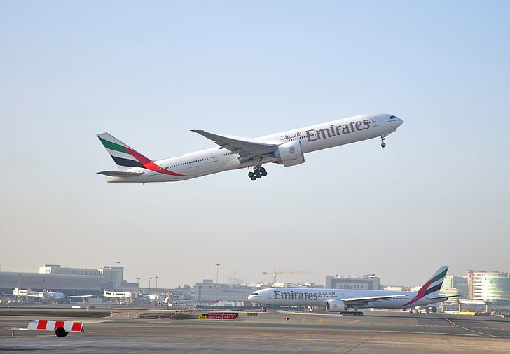 white Emirates plane, the sky, flight, the plane, height, Boeing, HD wallpaper