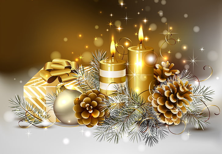 candle and baubles decors illustration, winter, color, tape, gold, HD wallpaper
