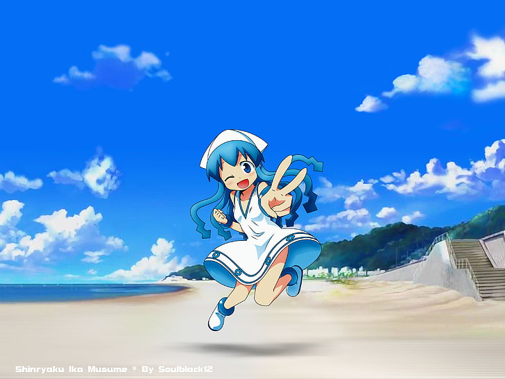 Shinryaku! Ika Musume, anime girls, sky, cloud - sky, one person