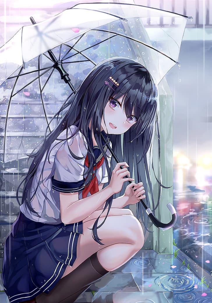 HD wallpaper: anime, anime girls, schoolgirl, school uniform, rain, socks |  Wallpaper Flare