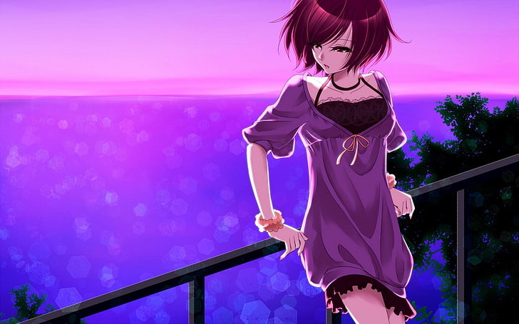 beauty dress girl anime-HD Desktop Wallpaper, pink-haired girl leaning backwards on railing illustration