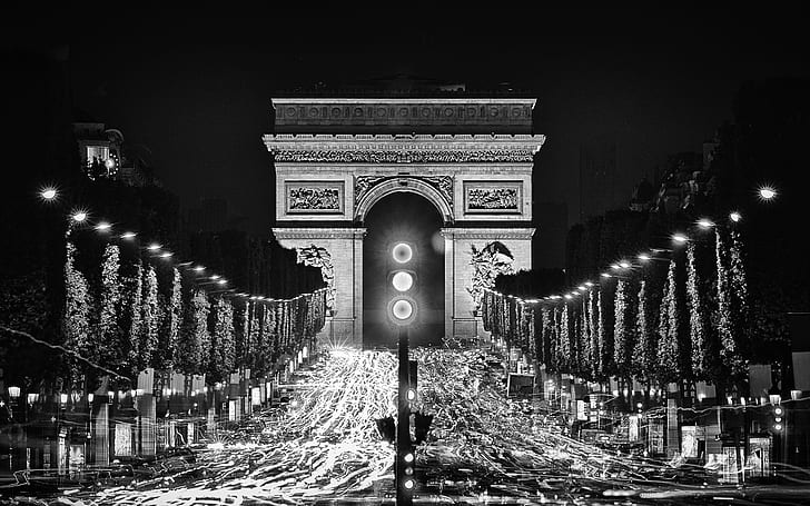 Paris Arc de Triomphe BW Lights Timelapse HD, architecture, HD wallpaper