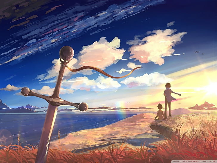 sword, couple, sky, anime boys, anime girls, sea, clouds, HD wallpaper