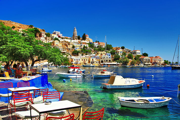 four white boats, the city, coast, island, Greece, sea, shore, HD wallpaper
