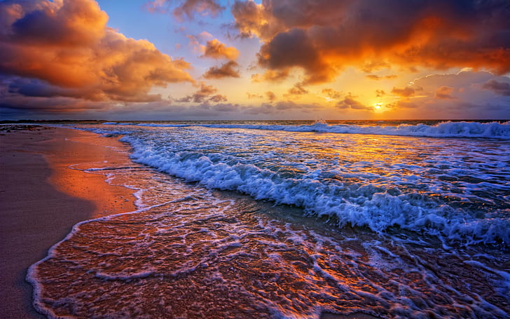 Sunset, sea, coast, surf, waves, clouds